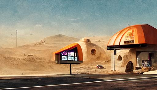 Tatooine Taco Bell + Taco Bell sign above building + drive through window with landspeeder --ar 5:3