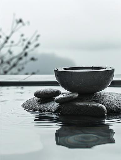 Zen SPA stone water, contemplating the void, artistic conception picture minimalist photography style composition aesthetic --ar 3:4 --v 6.0