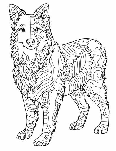 Zentangle Boder Collie Dog Coloring Books page. cluttered maximalism, coloring page, black-and-white outline, monochrome, simple outline, flat, 2d, on white background::1.5 coloring page, outline::0.5 gradients::-1 --ar 85:110 --style raw --v 5.2