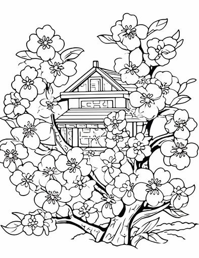 Zentangle Japanese Cherry Blossom Garden Coloring Books page, full color, cluttered maximalism, coloring page, black-and-white outline, simple outline, flat, 2d, on white background::1.5 coloring page, outline::0.5 gradients::-1 --ar 85:110 --style raw --v 5.2