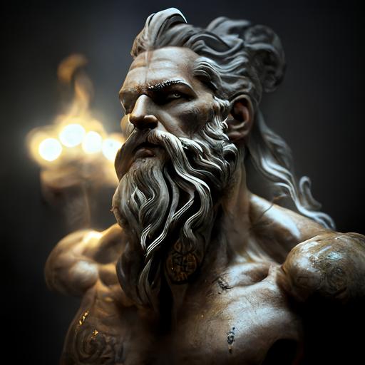 Zeus statue, tattoos, lighting, photo realistic, photography,digital photography