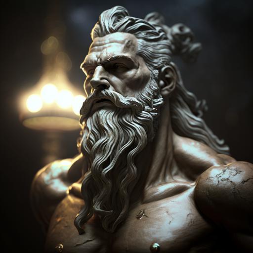 Zeus statue, tattoos, lighting, photo realistic, photography,digital photography