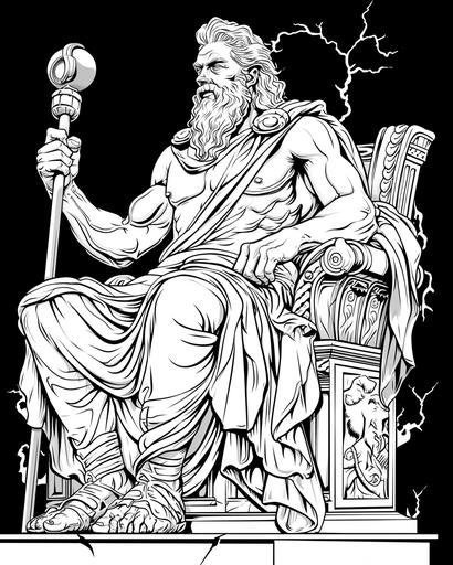 Zeus, with thunderbolt in hand, seated upon his throne against a black background, coloring page for adults, thick lines, black and white, no shading --ar 4:5 --v 6.0