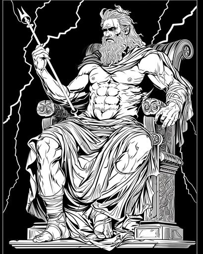 Zeus, with thunderbolt in hand, seated upon his throne against a black background, coloring page for adults, thick lines, black and white, no shading --ar 4:5 --v 6.0
