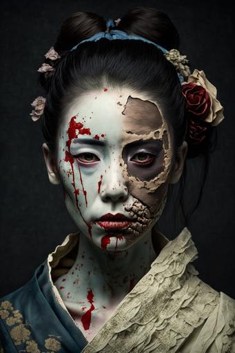 Zombie portrait of Japanese woman, right side of face rotting and bleached, left eye beautifully shining, distinct bridge of nose and lips, geisha hairstyle, dressed in kimono, taken with standard lens --ar 2:3 --q 5 --seed 12000