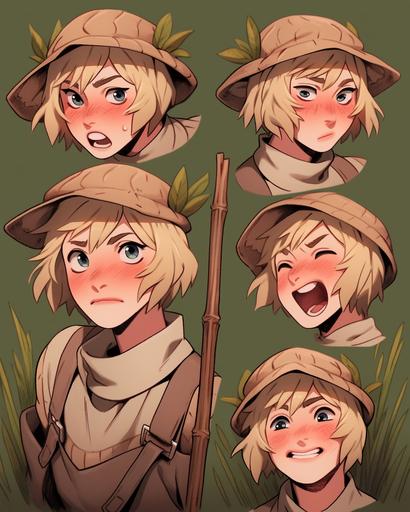 Zoom, face close up, concept art, facial expressions, angry emotions, plain blue background, tomboy, anime medieval farmer, medieval fantasy anime, 25 year old anime nonbinary lesbian, dark green eyes, short fluffy messy curly blonde anime hair, androgynous, farmer hat, short hair, medieval farmer clothes, video game, character id, anime, the style of charming anime characters, baroque portraiture, romantic manga, 2d game art, realistic portraitures, --ar 4:5 --niji 5 --q 2 --no child --iw .6
