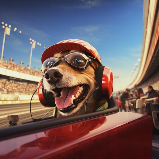 Zoom in on a dog with headphones driving a race car on a red race track, joyful atmosphere, realistic photographs