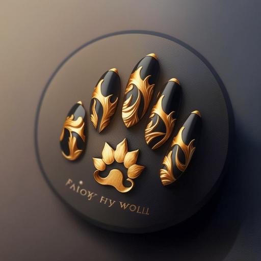 wolf paw manicure logo with golden and black nails