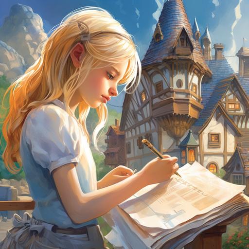 A blonde with waist-length hair, she is 6 years old with blue eyes against the backdrop of a house with a red roof, with a tower, with a weather vane, draws a white horse with wings on a sheet - draw, create in the style of stephan martinier, asaph hanukkah, blue and yellow, frederic goodall, edge light, a sense of calm contemplation, skeuomorphic, in the style of a bright children's book, suitable for children from 6 to 8 years --s 50