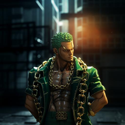 Zoro from One Piece, Wearing Big Cuban Link Chain, Professional Portrait, HD Digital Anime Art style, Ultra Detailed Photograph, Captured with a 85mm lens, f4. 6, bokeh, Ultra Detailed, Ultra Accurate Detailed, Bokeh Lighting, Surrealism, Urban Setting, Ultra Unreal Engine, Intricate, Life-Size Figures, Catcore