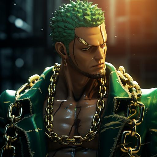 Zoro from One Piece, Wearing Big Cuban Link Chain, Professional Portrait, HD Digital Anime Art style, Ultra Detailed Photograph, Captured with a 85mm lens, f4. 6, bokeh, Ultra Detailed, Ultra Accurate Detailed, Bokeh Lighting, Surrealism, Urban Setting, Ultra Unreal Engine, Intricate, Life-Size Figures, Catcore