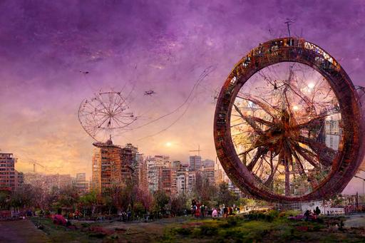 a ferris wheel in the shape of a logarithmic spiral in steampunk downtown Santiago of Chile, full of kids, spring day with a purple sky, costanera center on the background, matte painting by Esao Andrews and Greg Rutkowski --w 384