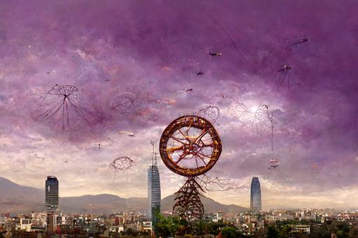 a ferris wheel in the shape of a logarithmic spiral in steampunk downtown Santiago of Chile, full of kids, spring day with a purple sky, costanera center on the background, matte painting by Esao Andrews and Moebius --w 384