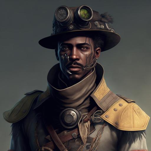 Zumbi dos Palmares, the remarkable Brazilian hero, painted in a portrait with gray background. His clothes mixes elements from his own colonial times with steampunk elements, painting realistic, 4k