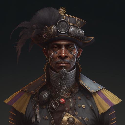 Zumbi dos Palmares, the remarkable Brazilian hero, painted in a portrait with gray background. His clothes mixes elements from his own colonial times with steampunk elements, painting realistic, 4k