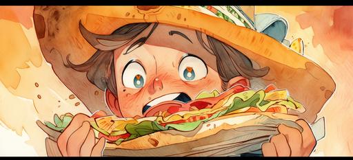 a 🤠 young cowboy is excited about a huge 🌮 taco in an exciting 🔥 fast food restaurant, hypermaximalist watercolor cartoon --ar 48:22 --niji 5 --style expressive