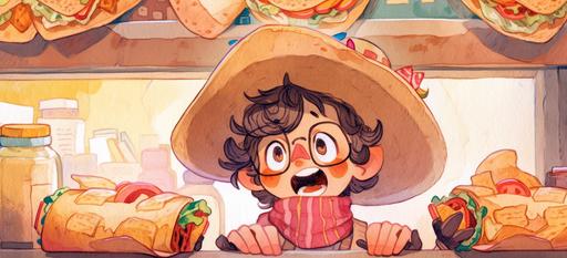 a 🤠 young cowboy is excited about a huge 🌮 taco in an exciting 🔥 fast food restaurant, hypermaximalist watercolor cartoon --ar 48:22 --niji 5 --style expressive