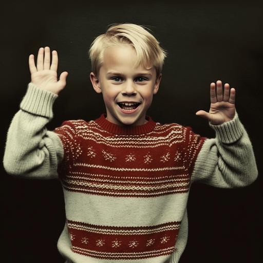 a 10 year old blonde boy in a christmas sweater holding up both hands