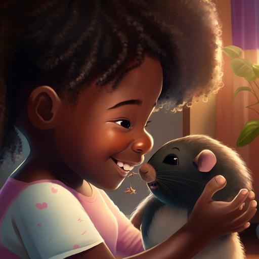 a 10 year old happy black girl gives her little sister a hamster, cartoon, 4k, realistic --v 4