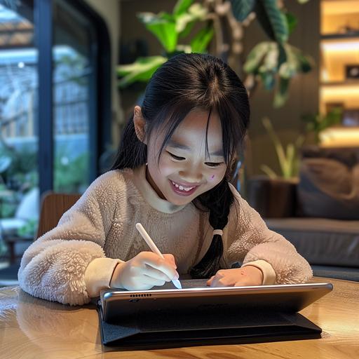a 12-year old Asian girl smiling and writing stories on an iPad