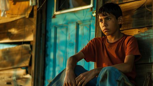 a 12 year old mexican male teen sitting on a Kansas small house porch feeling guilty and shameful, the color palette is brown, teal, red, and gold highlights, the lighting is dramatic, the photo is taken in the style of christopher nolan, --ar 16:9