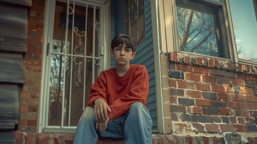 a 12 year old mexican male teen sitting on a Kansas small house porch feeling guilty and shameful, the house looks like a mid century home in the 1990's with side panels mixed with bricks, the color palette is brown, teal, red, and gold highlights, the lighting is dramatic, the photo is taken in the style of christopher nolan, --ar 16:9