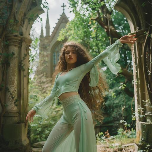 a 16-year-old ballet dancer from the uk with pale skin, freckles, and long, curly, dark brunnette hair, pale. She is wearing a light, pastel green flowy pants and a long sleeve cropped top. She's in an impressive dancer's pose inspired by Maddie Ziegler, looking at the camera, surrounded by an outdoor scene of an abonded, overgrown church in london.