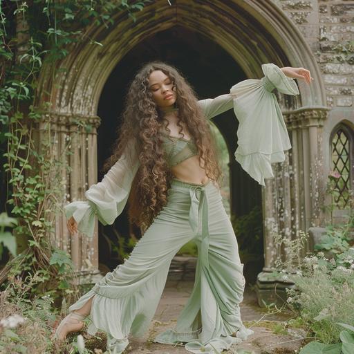 a 16-year-old dancer from the uk with pale skin, freckles, and long, curly, dark brunnette hair, pale. She is wearing a light, pastel green flowy pants and a long sleeve cropped top. She's in an impressive dancer's pose inspired by Maddie Ziegler, looking at the camera, surrounded by an outdoor scene of an abonded, overgrown church in london.