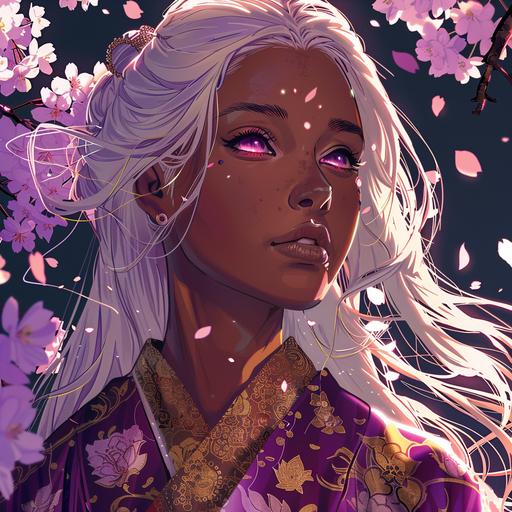 a 1640 x 924 px illustration of a brown skin female wearing a kimono of gold details, purple and white fabric. Long white, lavender hair. Soft eyes that held an intesity as her iris glowed a deep purple. Staring off in the distance with. Mid Potrait of the female with sakura blossom flying in the air. --v 6.0