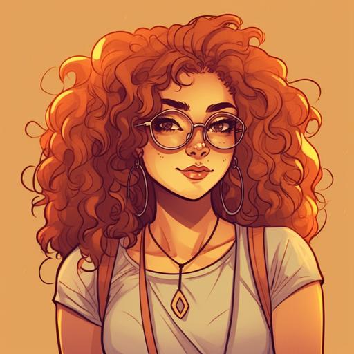 a 17 year old girl, 1,81m tall with light brown eyes, pear body type, red brown long curls with amber colored skin, shes wearing round glasses and has a septum nose piercing, shes also wearing a helix ear piercing and has a giant scar on her thigh, she doesnt shave her leg hair, her face is sprinkled with light freckles, shes wearing loose hippie clothes
