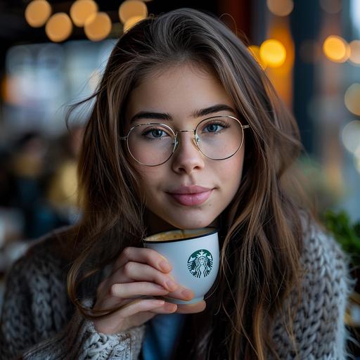 a 18 years old girl which have a long brown hair and eyes brown a litle nose, and big square glasses in a a starbucks lookingright into the objectif high-quality digital image. Utilize the Sony A7R IV camera paired with an 85mm prime lens for impeccable resolution and clarity picture