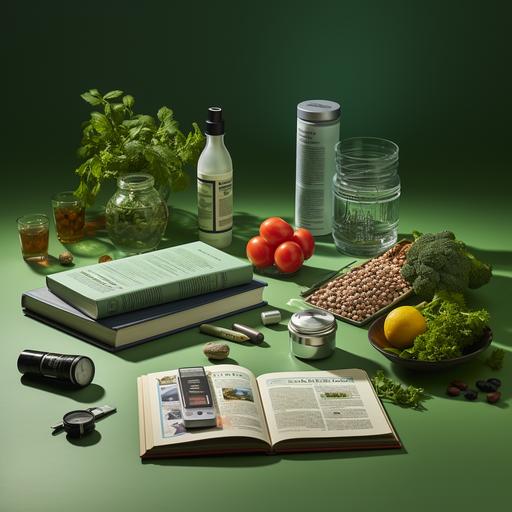 a 1920x1080 size of a realistic collage on a green background with hex 02544c that includes a digital scale weight, three glass supplements with a green label marked as oxomio, a fitbit charge 5 monitor, a book marked as 