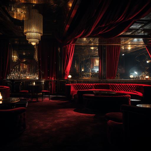 a 1932 German Weimar Republic nightclub that is dark, seedy, red velvet curtains, many empty tables, art deco styling, gold details, cigarette smoke, dark, cinematic, attention to detail, hyper realistic, film, film noir, sharp focus, angular light, smoke