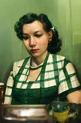 a 1950s housewife, sad, depressed, wearing a green and white plaid dirndl dress, looking into an ornate shattered hand mirror. sitting at the kitchen table, in mid-century modern kitchen --ar 2:3  --v 3