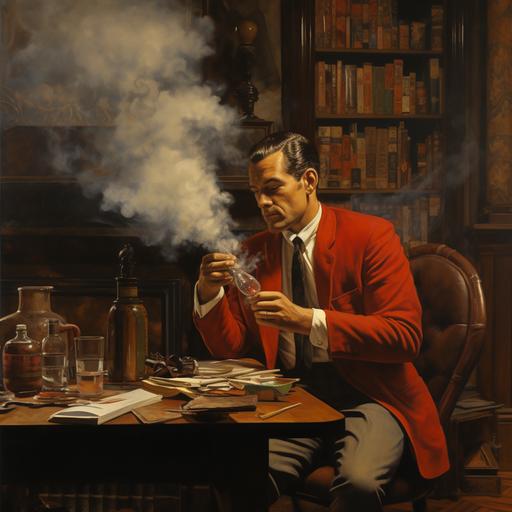 a 1955 setting: a middle aged man lighting a smoke pipe in a business suit with a red vest sitting, leaning back, behind an oak desk with a bookshelf backdrop.