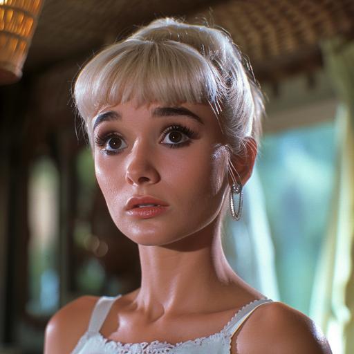 a 1959 Sandra Dee in Gidget, played by Ariana Grande in a 2022 biographical movie, movie still, correct makeup, correct hair color, correct skin tone, correct costume design, correct hairstyle, action shot, cinematic, upscaled to 8k, award - winning cinematography, award - winning photography. The appearance of the face in the picture is extremely detailed and looks exactly like the real 2022 Ariana Grande. --v 6.0