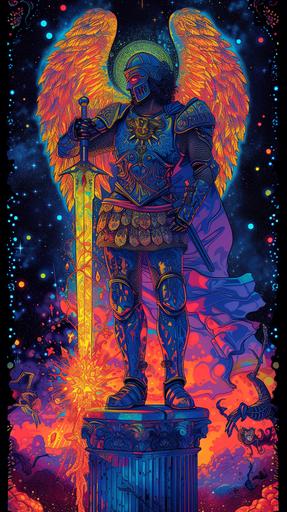 a 1970s blacklight poster of the Archangel Michael standing on a pillar holding a flaming sword   fighting demons that are attempting to climb it   Realism Dreamcore Punk Wave Dramatic DMT   retro-futurism aesthetic, pastiche in the style of Yoshitaka Amano, painted by Lisa Frank, dynamic pose, patterned scrapbooking paper craft inspired, patterned paper piecing, intricate art nouveau frame border, bold colors, neon, sparklecore, glittercore, celluloid --ar 9:16 --v 6.0 --s 750 --c 25