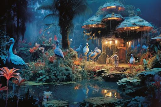 a 1970’s detailed photograph of bioluminescent environment with giant birds working in the garden growing strange plants fashion icon, intricate and colorful costumes, ancient high technology, futurist, hidden knowledge, very detailed faces, many intricate textures --ar 3:2