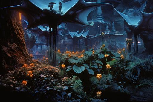 a 1970’s detailed photograph of bioluminescent environment with huge bats working in the garden growing strange plants fashion icon, intricate and colorful costumes, ancient high technology, futurist, hidden knowledge, very detailed faces, many intricate textures --ar 3:2