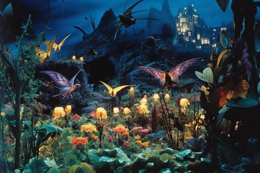a 1970’s detailed photograph of bioluminescent environment with huge bats working in the garden growing strange plants fashion icon, intricate and colorful costumes, ancient high technology, futurist, hidden knowledge, very detailed faces, many intricate textures --ar 3:2