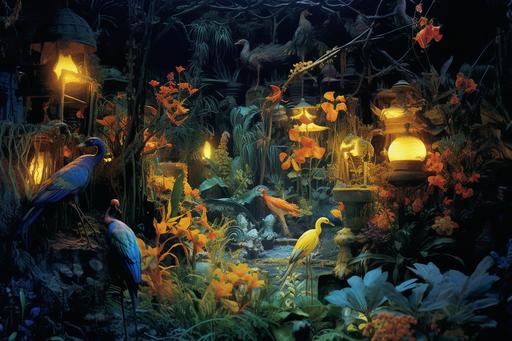 a 1970’s detailed photograph of bioluminescent environment with giant birds working in the garden growing strange plants fashion icon, intricate and colorful costumes, ancient high technology, futurist, hidden knowledge, very detailed faces, many intricate textures --ar 3:2
