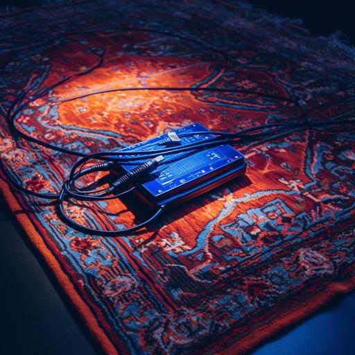a 1980's film photo of a blue and orange persian rug with 3 XLR cables running across it