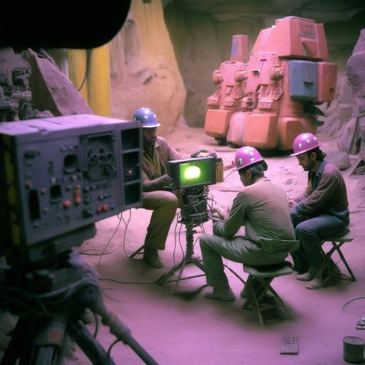 a 1980s tv crew on set filming an alien apocalypse colours