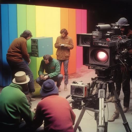 a 1980s tv crew on set filming an alien apocalypse colours