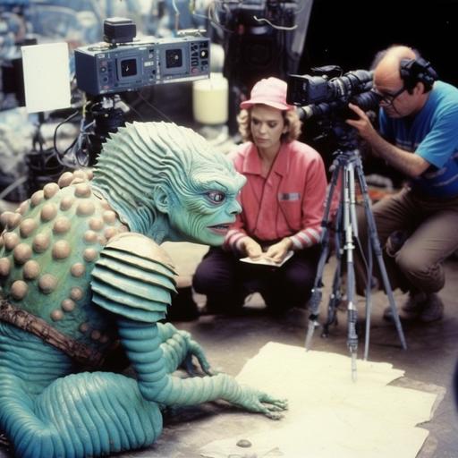 a 1980s tv crew on set filming an alien creature from the black lagoon. Colours