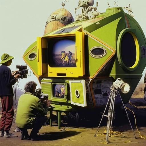 a 1980s tv crew on set filming an alien invasion. colours