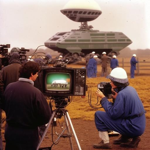 a 1980s tv crew on set filming an alien invasion. colours