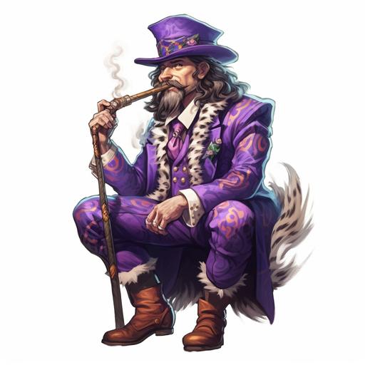 a 20 year old attractive gnome with charcoal colored skin, a white horseshoe mustache, a chiseled jaw line, who is a super intelligent wizard and is dressed like a pimp in a purple and leopard print suit with a purple and leopard print hat with a feather, and a stone cane with a crystal on the end, full body