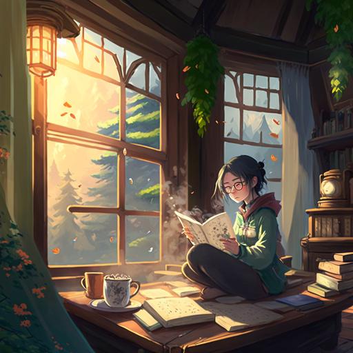 a 20 year old girl with glasses, howl moving castle color scheme, drinking tea and reading book in asian vibe room, with window at the back showing pine trees, korean traiditonal house hanok in miyazaki style