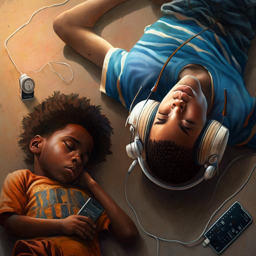 a 20 year old guy lying on the floor listening to rap and a 10 year old boy listening to rap both with headphones on
